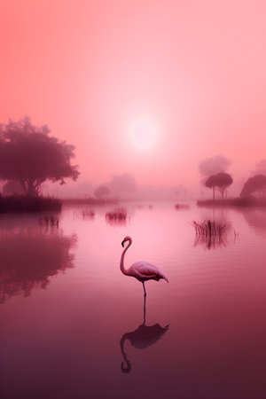Pink flamingo on the lake in the morning mist with reflection in waterの素材