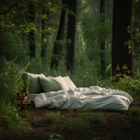 Bed in the forest. 3d rendering, 3d illustration.の素材