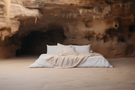 Interior of a cave with a bed and pillows. 3d renderingの素材