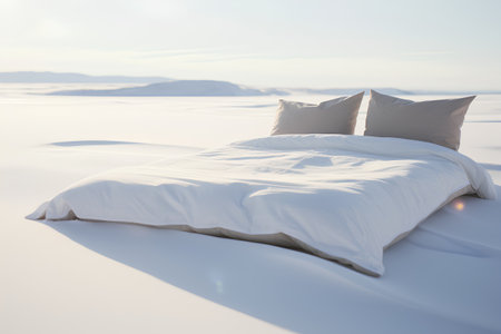 White bed with pillows on the snow in the desert. 3d renderingの素材