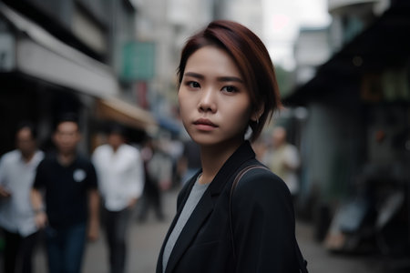 Beautiful young asian woman walking in the city, lifestyle portraitの素材