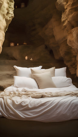 Bedroom interior with two pillows and a bed in a caveの素材
