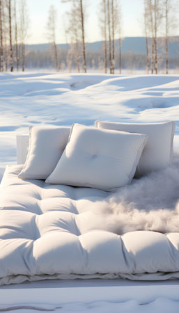 White pillows on the bed in the snow in winter forest.の素材