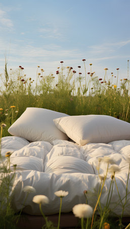 Bed with white pillows in the meadow. 3d renderの素材