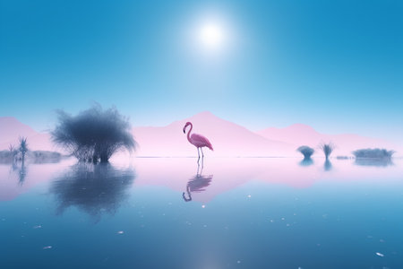 Flamingo in the lake, 3D render of flamingoの素材
