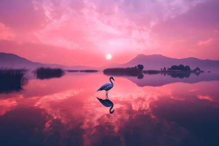 Illustration of a flamingo on a lake at sunset with a beautiful skyの素材