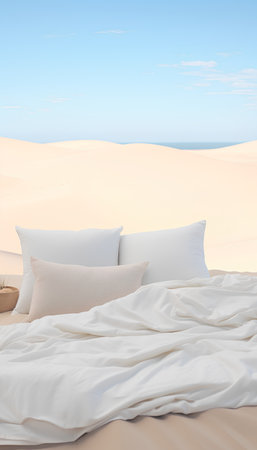 White bedding with pillows in the desert. 3d renderingの素材