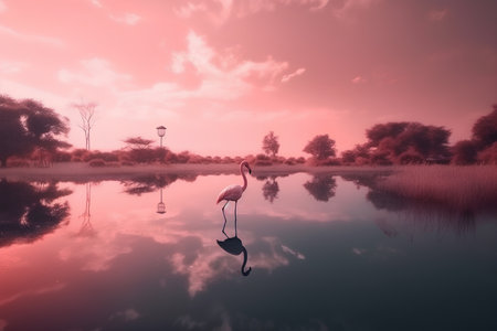 flamingo in the lake at sunset, 3d render illustrationの素材