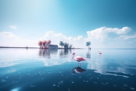 pink flamingo on the lake with blue sky and tree backgroundの素材