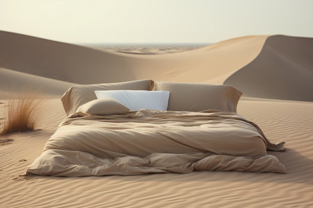 Bed in the desert. 3D rendering. Toned image.の素材