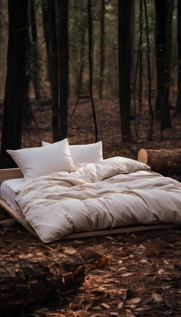 Bed in the forest. The concept of relaxation, warmth and comfort.の素材