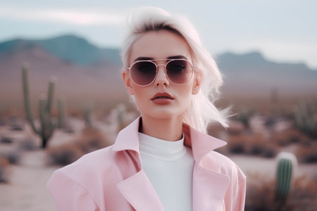Fashionable blonde woman in sunglasses and pink coat in the desert.の素材