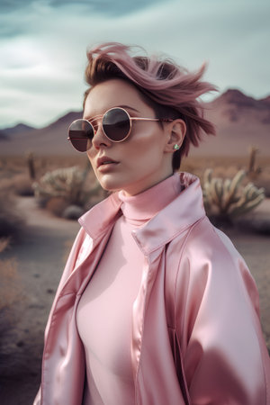 Fashionable young woman with pink hair and sunglasses in the desertの素材