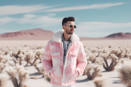 Handsome young man in hooded jacket and sunglasses standing in the desertの素材