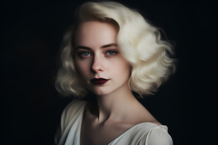 Portrait of beautiful young woman with blond curly hair on dark backgroundの素材