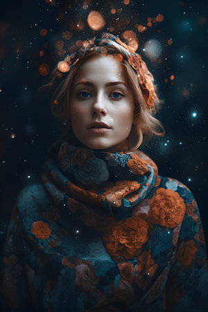 Portrait of a beautiful girl with a wreath of flowers on her headの素材