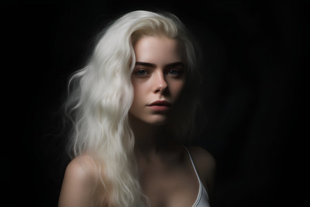 Portrait of a beautiful young woman with long white hair on a black backgroundの素材