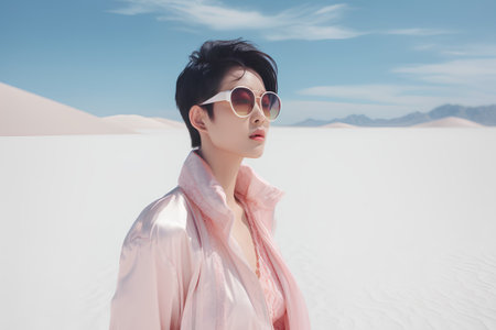 Beautiful asian woman in the middle of the white desert.の素材