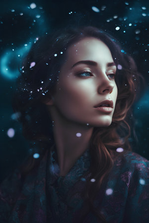 Beauty portrait of young woman with snowflakes on her faceの素材