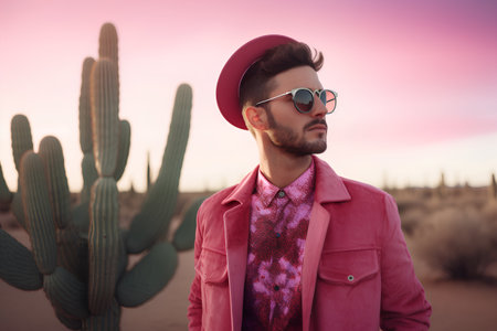 Attractive young man in a pink coat and red cap is standing in the middle of a desert at sunset.の素材