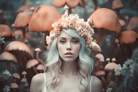 Fantasy portrait of a beautiful girl in a wreath of mushroomsの素材