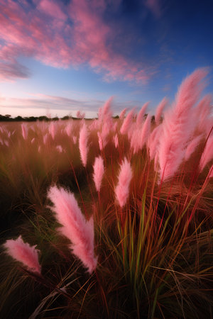 Flowering grass on the background of the sunset sky. 3d renderingの素材