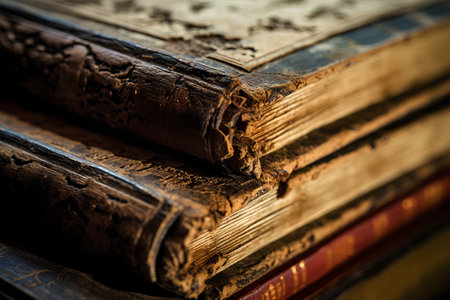 Stack of old books. Selective focus. Shallow depth of field. Toned.の素材