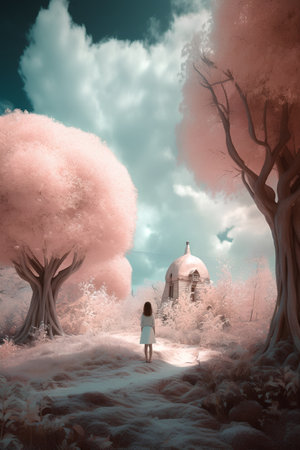 Little girl standing in front of a church surrounded by trees in the countrysideの素材