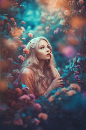 Portrait of a beautiful young woman with long wavy blond hair in a rose garden.の素材