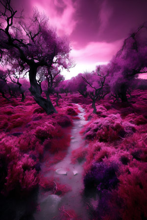 Beautiful fantasy landscape with trees and path. 3D render.の素材
