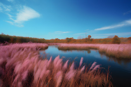 Beautiful autumn landscape with lake and pink meadow grasses.の素材