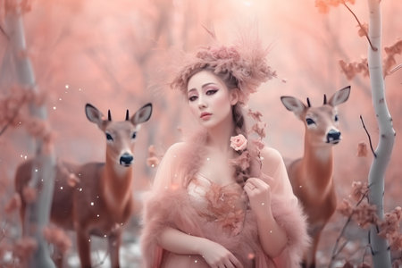Fantasy portrait of a beautiful young woman with deer in the forestの素材