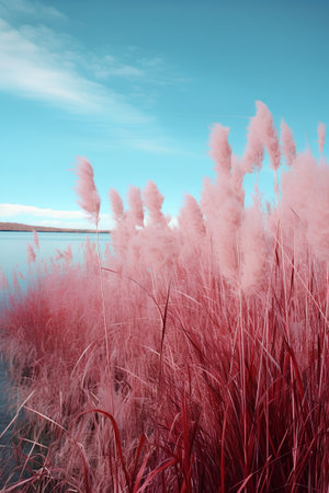 Beautiful pink reeds on the background of a blue sky.の素材