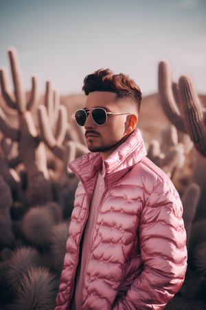 Attractive young man in a pink jacket and sunglasses on the background of cacti.の素材
