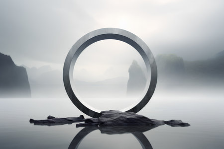 Oval mirror on a rock in a misty lake. 3d renderの素材
