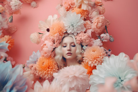 Beautiful blonde girl in a wreath of flowers on a pink backgroundの素材