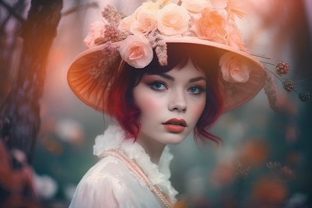 Beautiful young woman in hat with flowers in her hair. Beauty, fashion.の素材