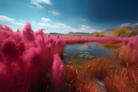 Beautiful autumn landscape with lake and pink reeds. 3d renderの素材