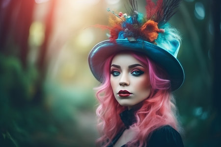 Beautiful gothic girl with pink hair and blue hat in the forestの素材