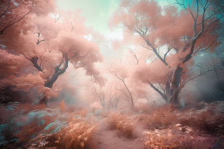 Foggy autumn forest. Colorful misty forest landscape.の素材