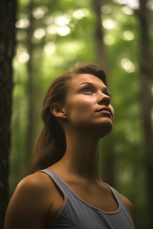 Young woman standing in the forest and looking up into the air.の素材