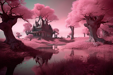Fantasy landscape with old castle, trees and pond. 3d renderの素材