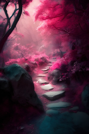 Mysterious forest in the mist. Fantasy landscape. 3D renderingの素材