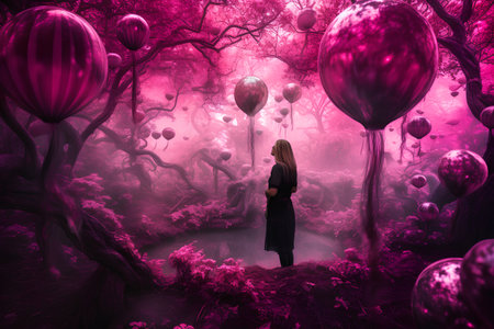 Young woman standing in a fantasy forest with balloons and fog. 3D Renderの素材