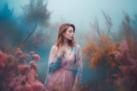 Portrait of a beautiful young woman in pink dress on a foggy backgroundの素材