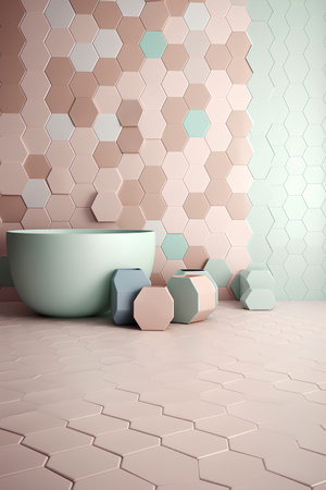 3d rendering of a modern bathroom with hexagons and a bathtubの素材
