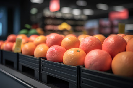 Variety of citrus fruits in a supermarket. Shallow depth of field.の素材