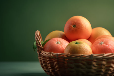 Ripe tangerines in a basket on a green background.の素材