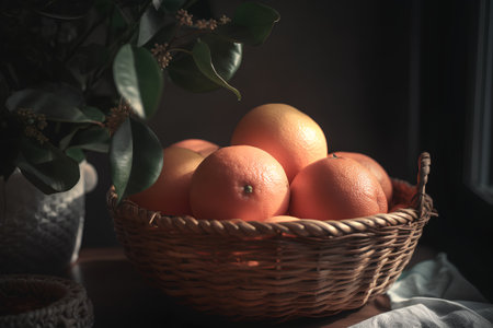 Oranges in a basket on the windowsill. Toned.の素材