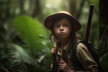 Little explorer girl with backpack and hat in the jungle. Travel and adventure concept.の素材